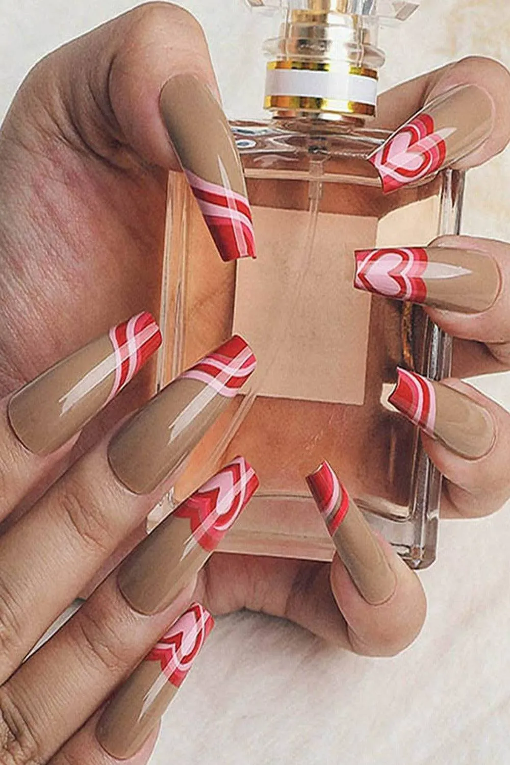 Red Heart French Tip Coffin Wave Swirl Press On Nails Kit