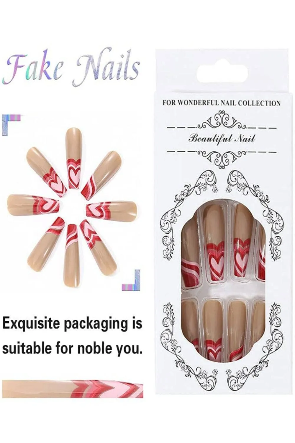 Red Heart French Tip Coffin Wave Swirl Press On Nails Kit