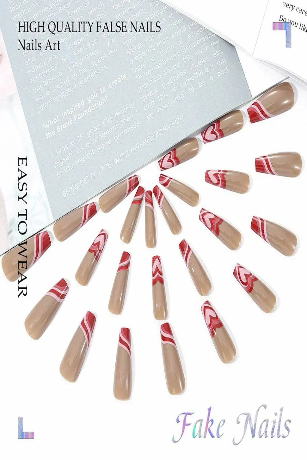 Red Heart French Tip Coffin Wave Swirl Press On Nails Kit