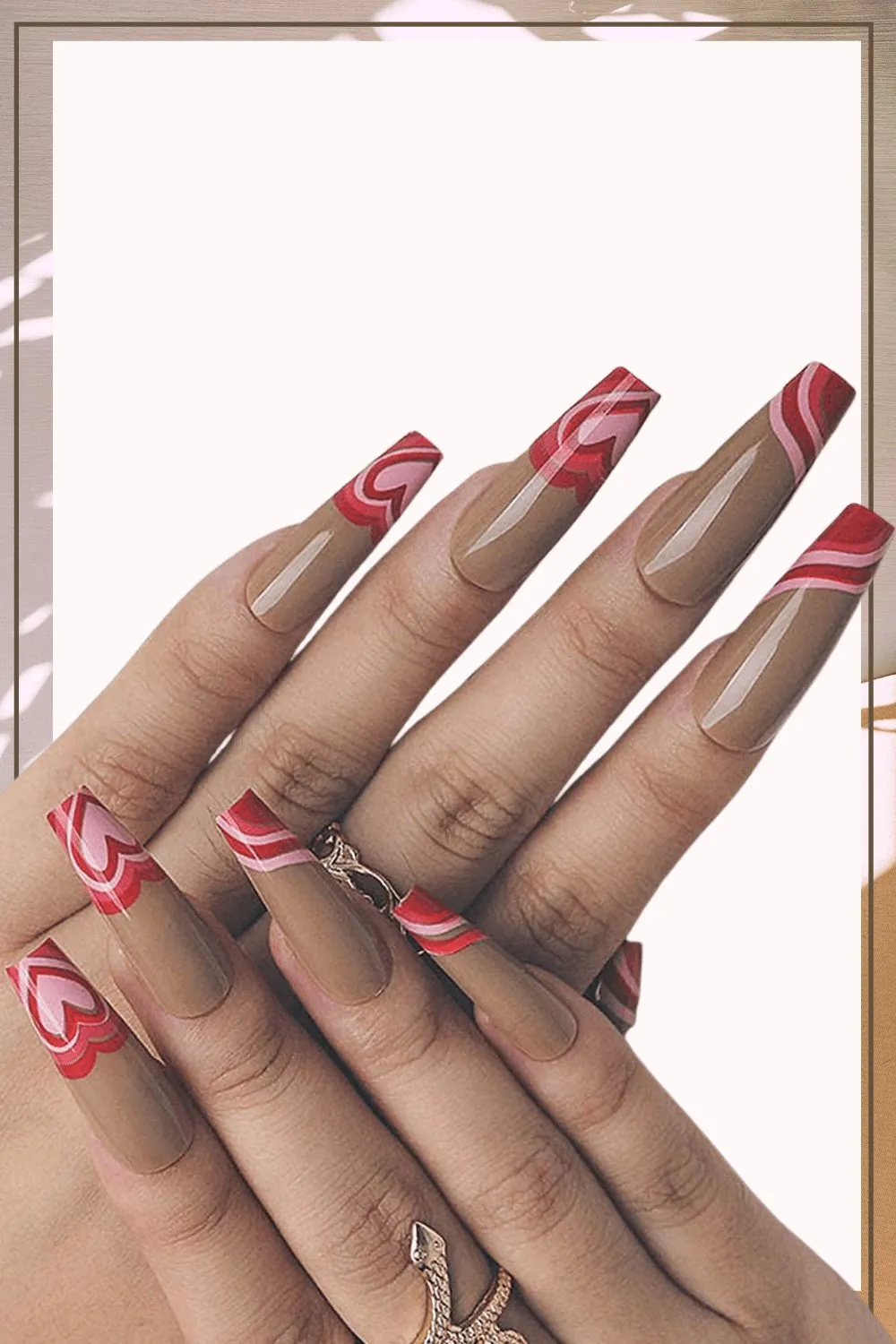 Red Heart French Tip Coffin Wave Swirl Press On Nails Kit