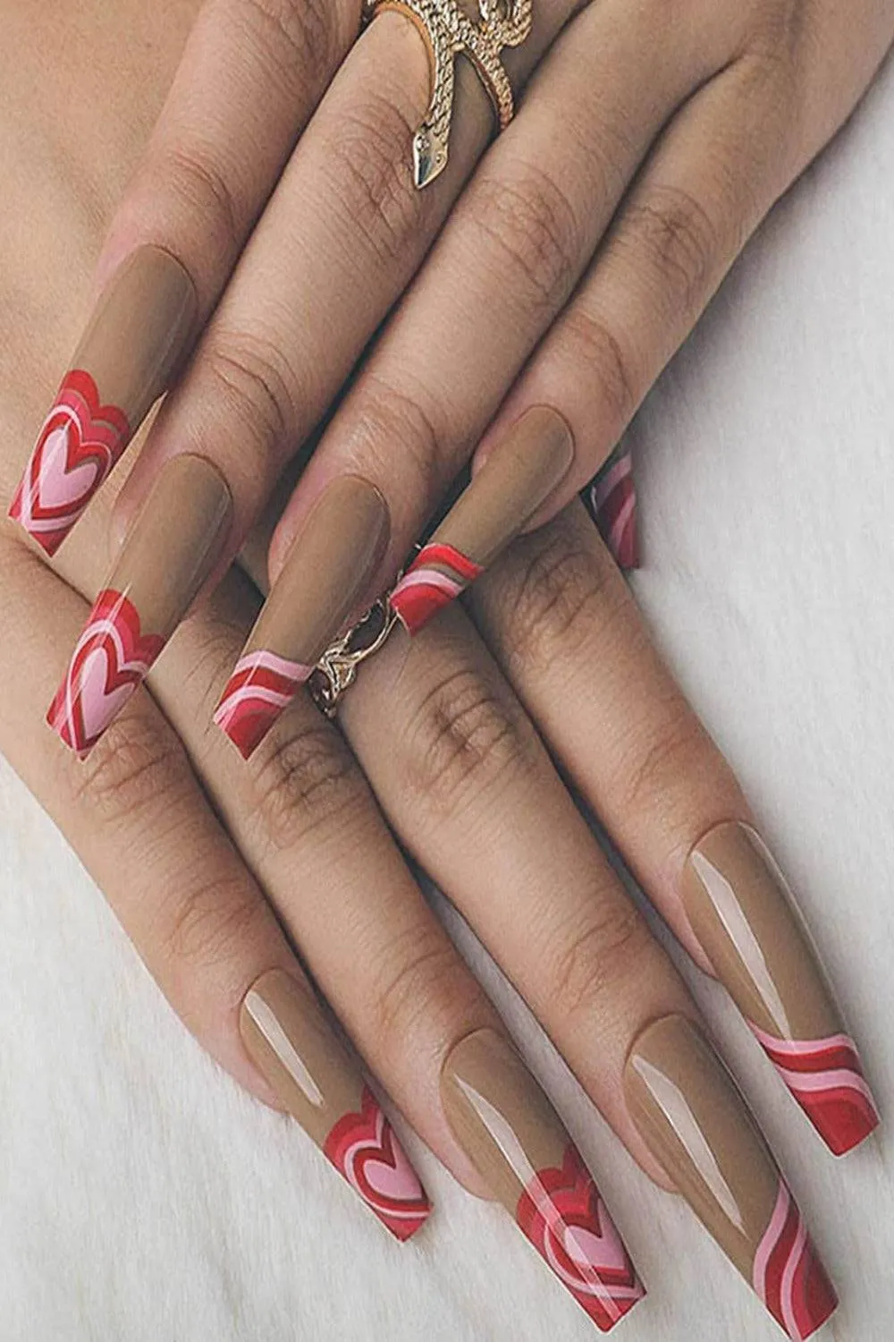 Red Heart French Tip Coffin Wave Swirl Press On Nails Kit