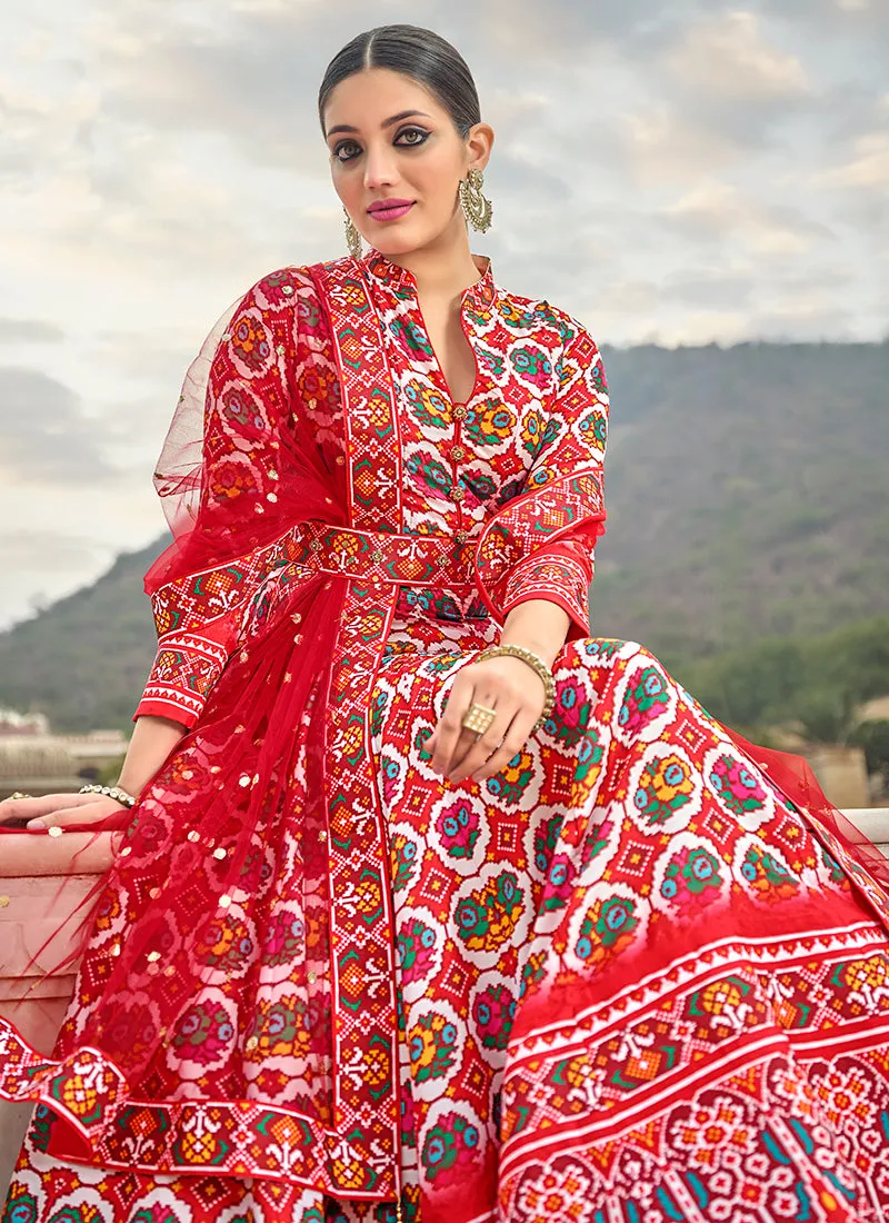 Red Multicoloured Printed Silk Designer Anarkali Gown