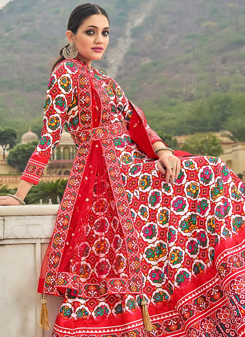 Red Multicoloured Printed Silk Designer Anarkali Gown