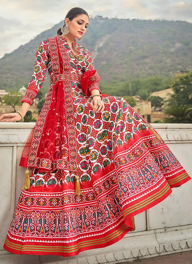Red Multicoloured Printed Silk Designer Anarkali Gown