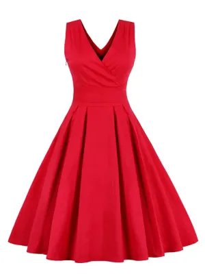 Red Pleated Plain Solid Vintage Dress Wrap V-Neck Belted Elegant Party Retro Spring Summer Dresses