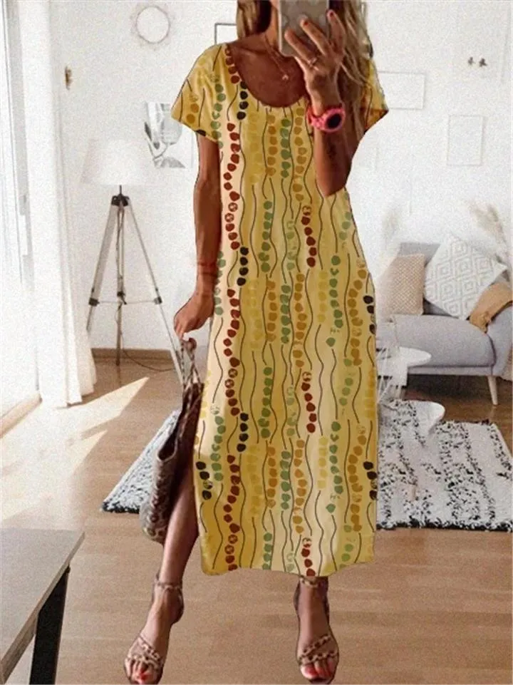 Relaxed Fit Scoop Neck Floral Short Sleeve Side Slit Maxi Dress