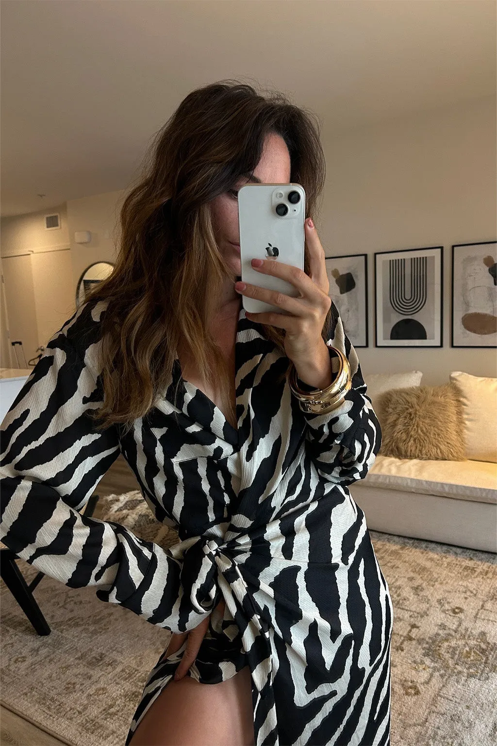 Renna Zebra Long Sleeve Wrap Midi Dress