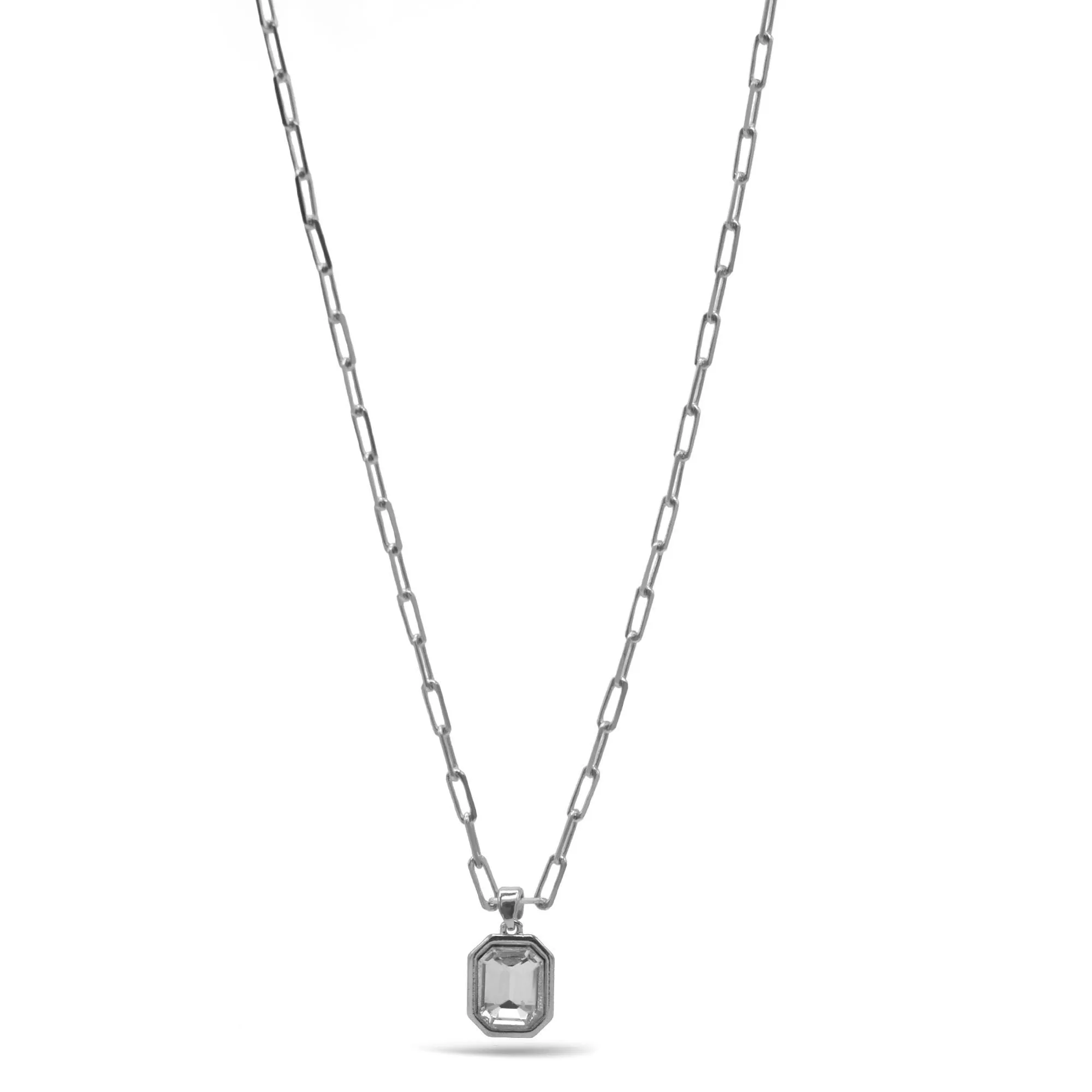 Rhodium clear crystal square pendant link chain necklace#HNN90864R(SG13)