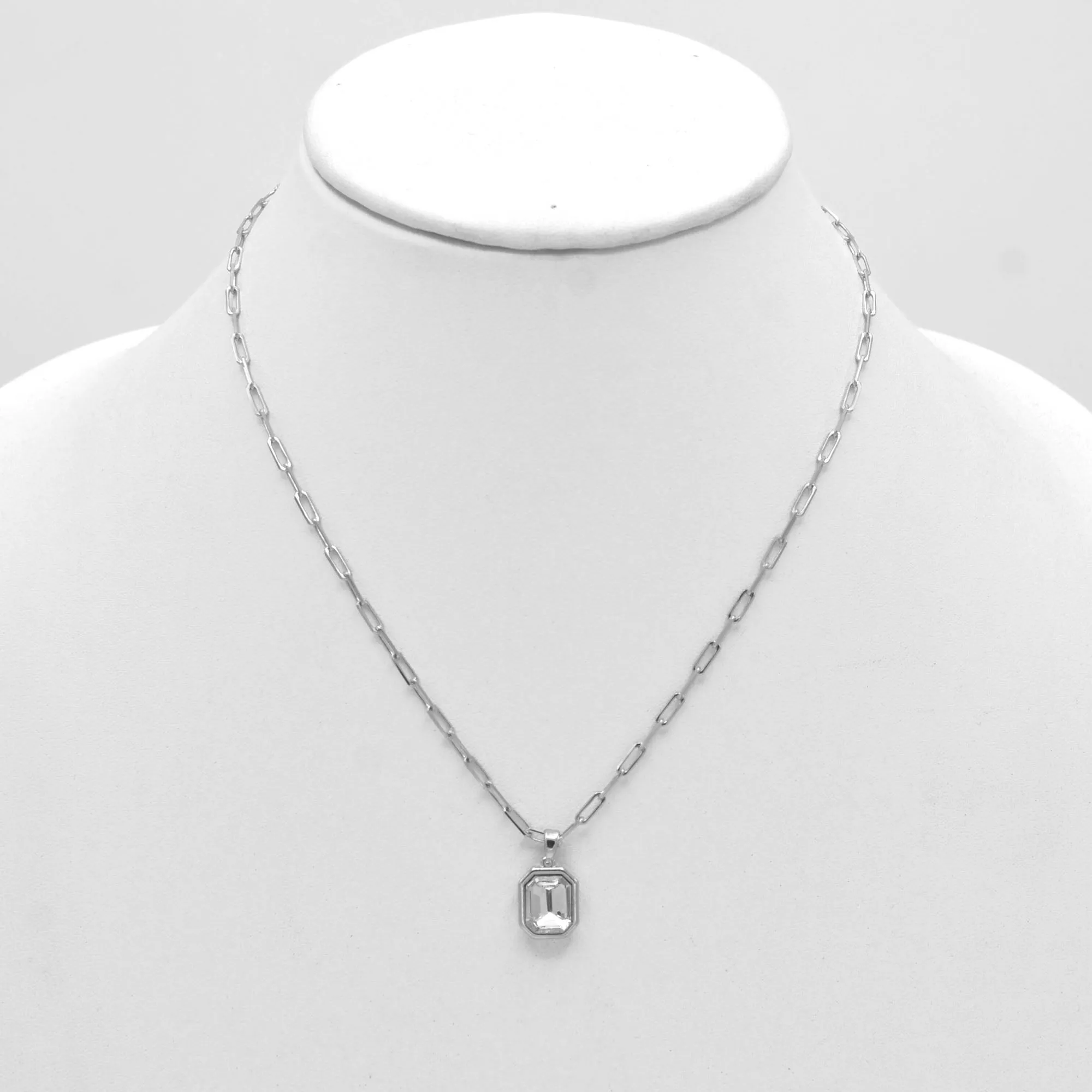 Rhodium clear crystal square pendant link chain necklace#HNN90864R(SG13)