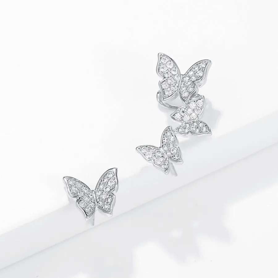 Rhodium Plated Cz Diamond Butterfly Earring