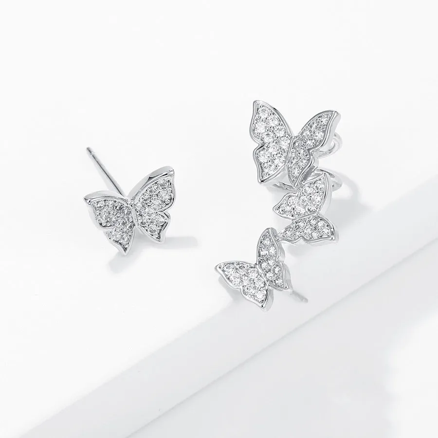 Rhodium Plated Cz Diamond Butterfly Earring
