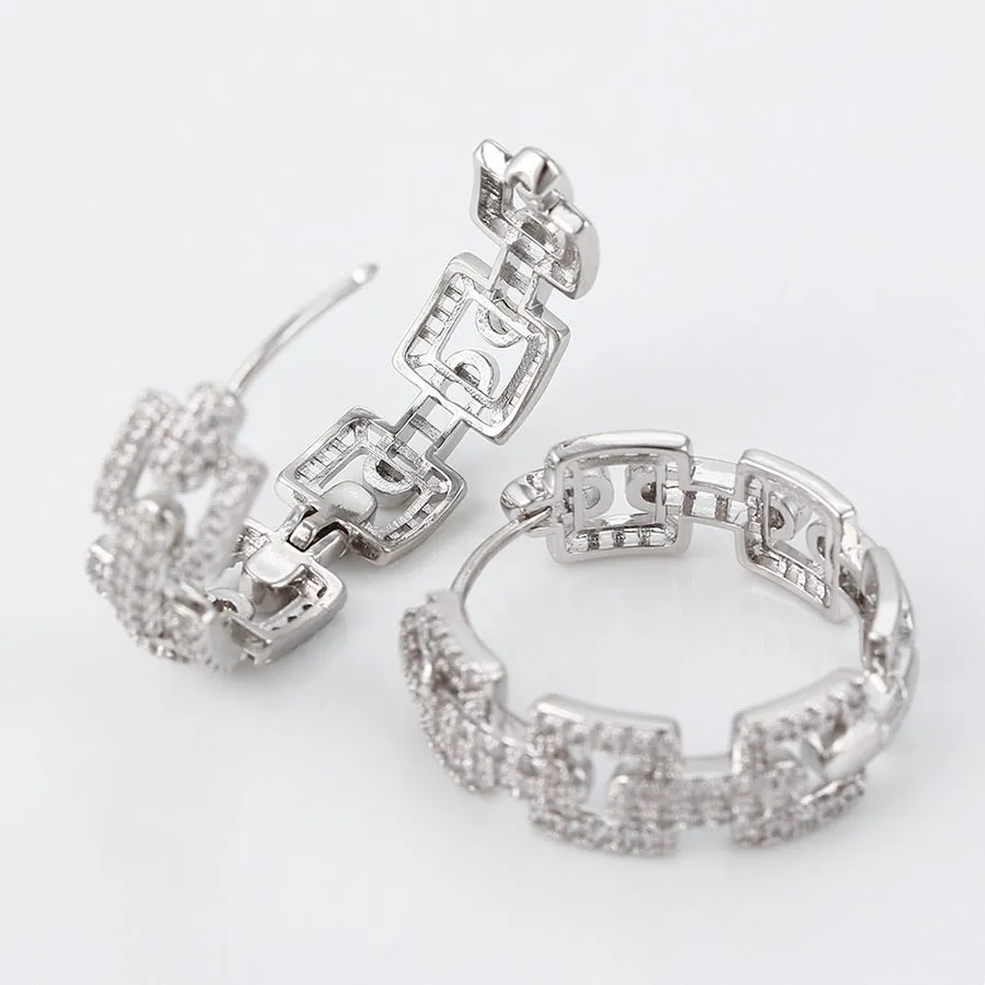 Rhodium Plated CZ Diamond Chain Hoop Earring