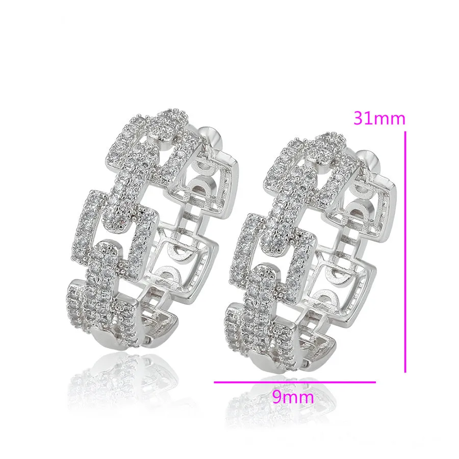 Rhodium Plated CZ Diamond Chain Hoop Earring