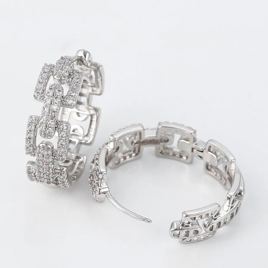 Rhodium Plated CZ Diamond Chain Hoop Earring