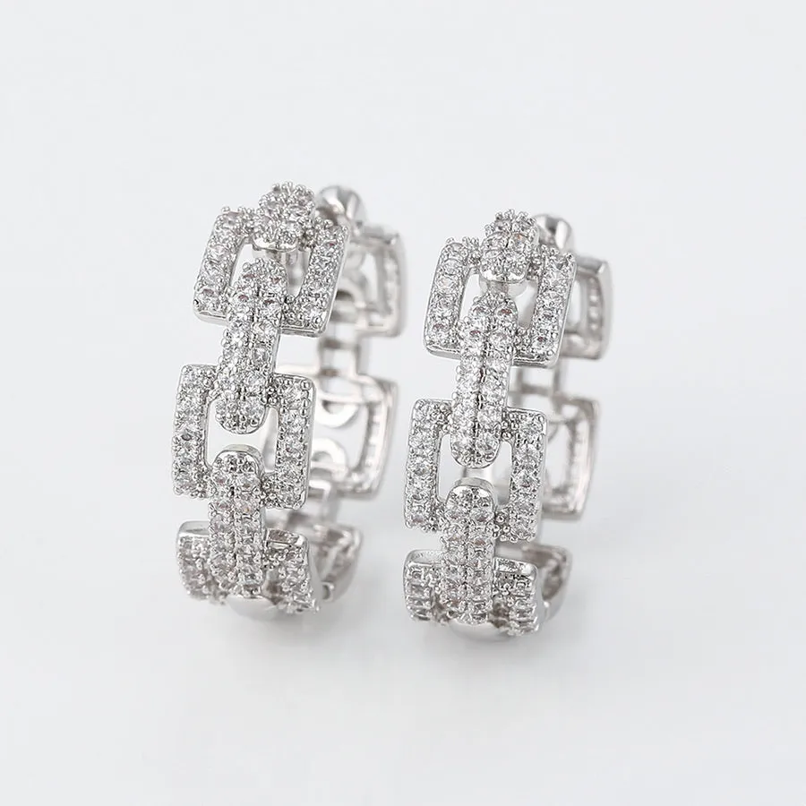 Rhodium Plated CZ Diamond Chain Hoop Earring