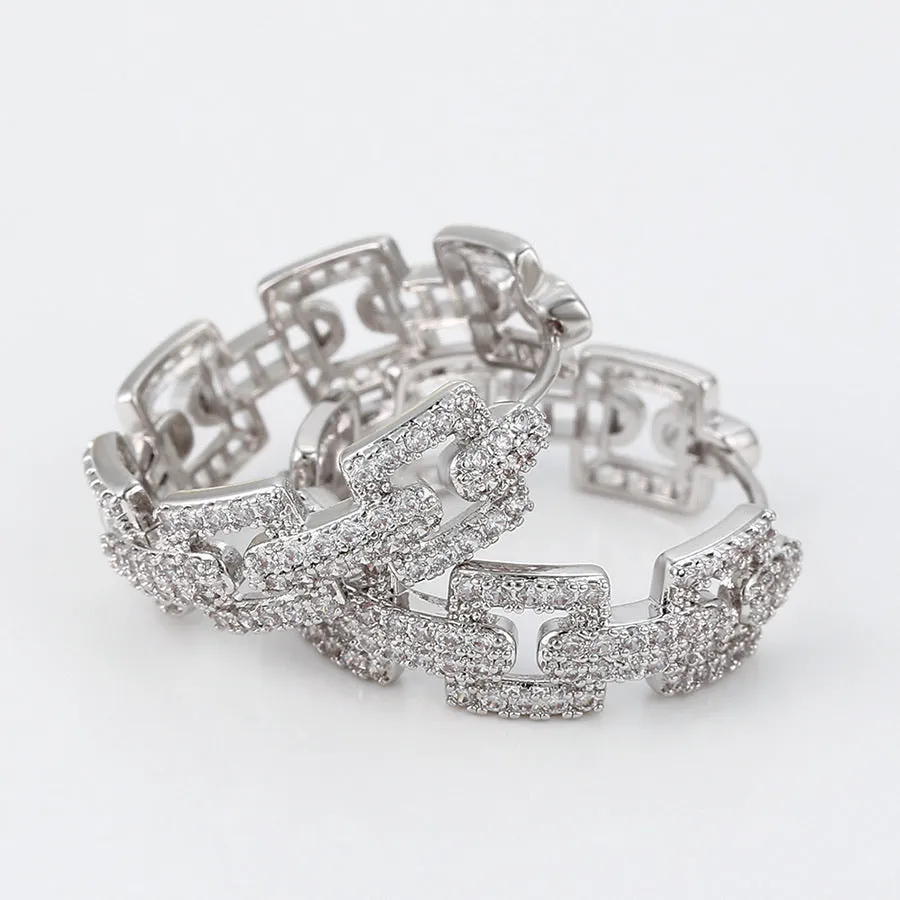 Rhodium Plated CZ Diamond Chain Hoop Earring