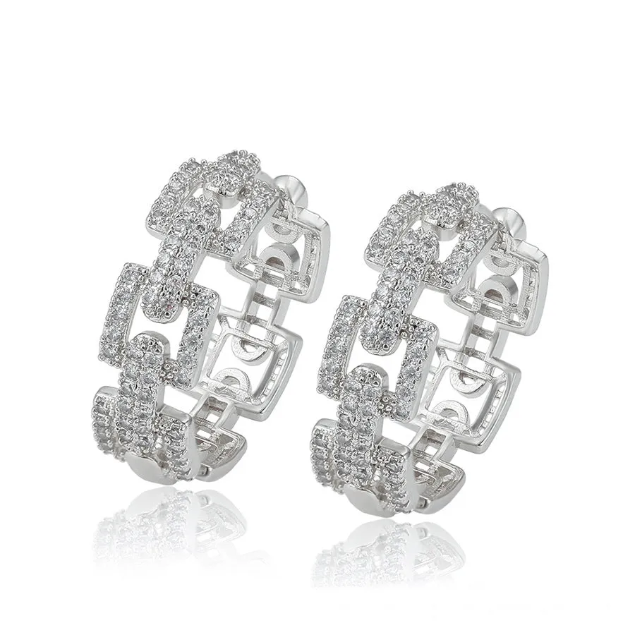 Rhodium Plated CZ Diamond Chain Hoop Earring