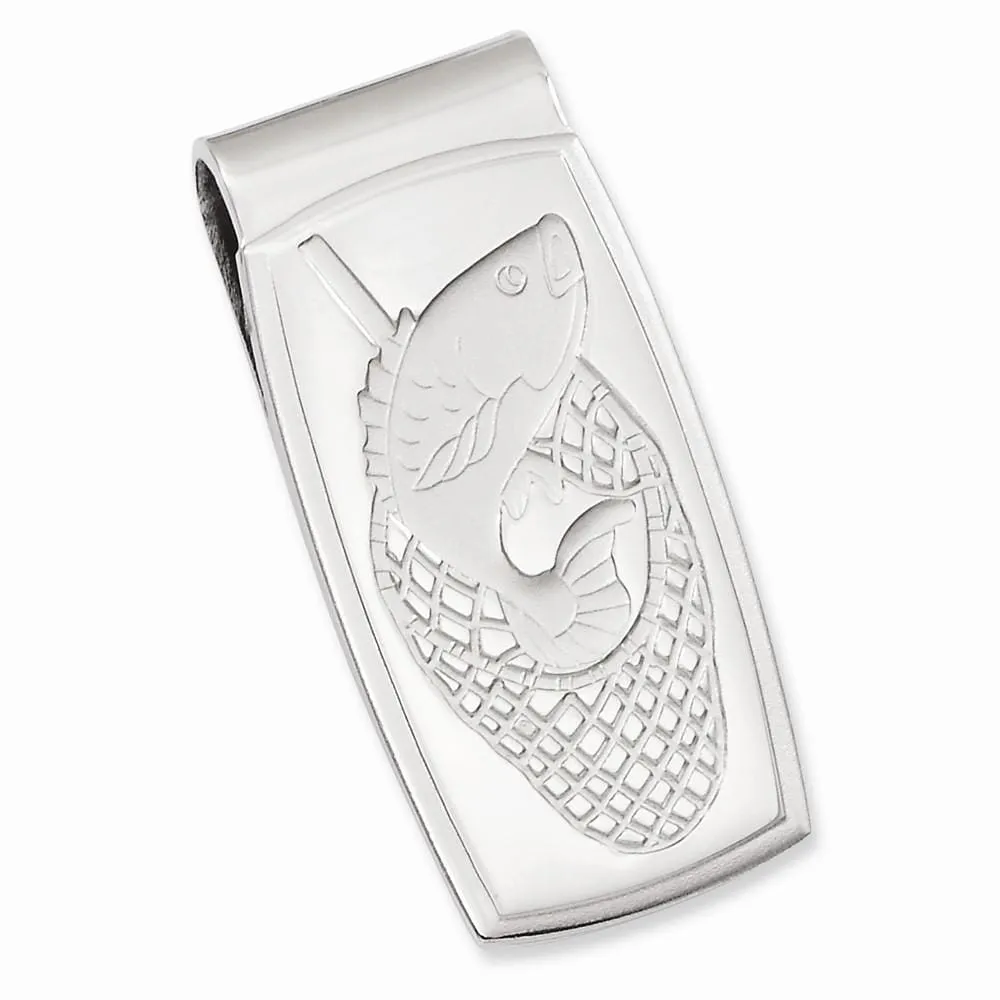 Rhodium Plated Fish in Net Hinged Money Clip