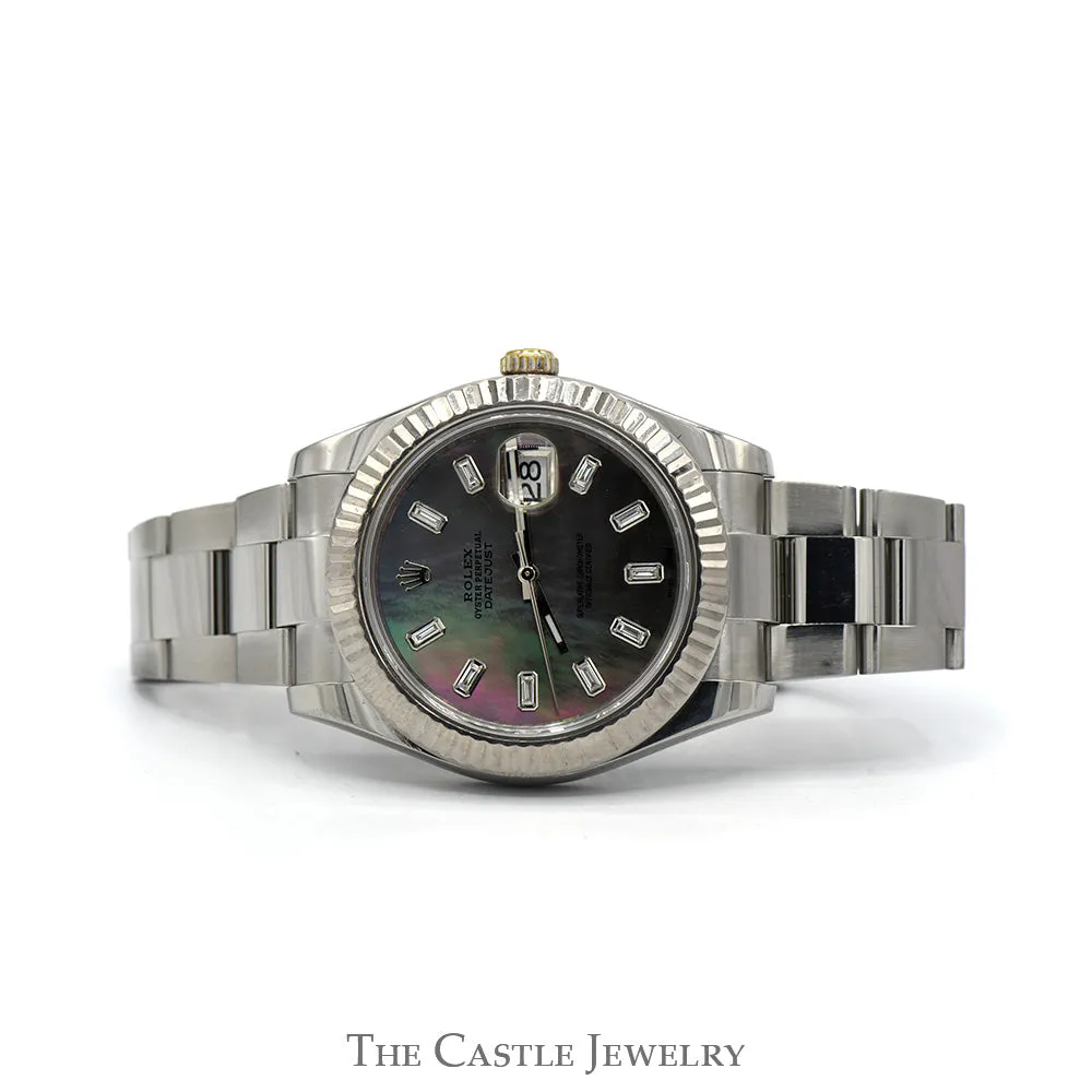 Rolex Datejust 116300 with Black Mother of Pearl Dial and Baguette Diamond Hour Markers in Stainless Steel Oyster Band