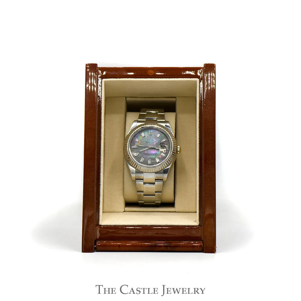Rolex Datejust 116300 with Black Mother of Pearl Dial and Baguette Diamond Hour Markers in Stainless Steel Oyster Band