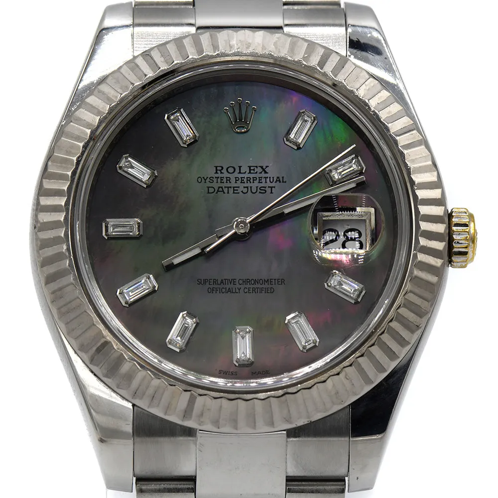Rolex Datejust 116300 with Black Mother of Pearl Dial and Baguette Diamond Hour Markers in Stainless Steel Oyster Band