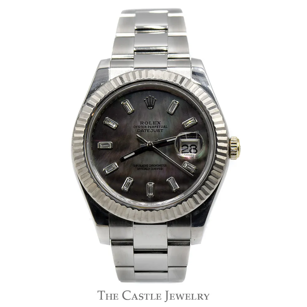 Rolex Datejust 116300 with Black Mother of Pearl Dial and Baguette Diamond Hour Markers in Stainless Steel Oyster Band