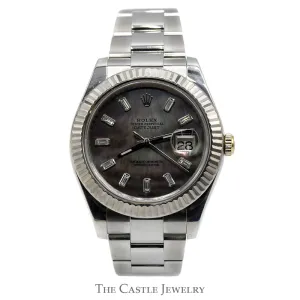 Rolex Datejust 116300 with Black Mother of Pearl Dial and Baguette Diamond Hour Markers in Stainless Steel Oyster Band