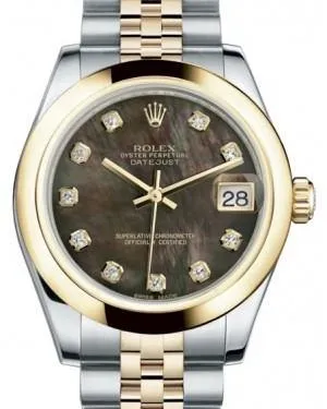 Rolex Datejust 31 Lady Midsize Yellow Gold/Steel Black Mother of Pearl Diamond Dial & Smooth Domed Bezel Jubilee Bracelet 178243
