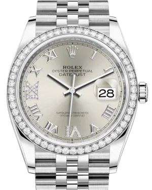 Rolex Datejust 36 White Gold/Steel Silver Roman & Diamond Dial & Diamond Bezel Jubilee Bracelet 126284RBR