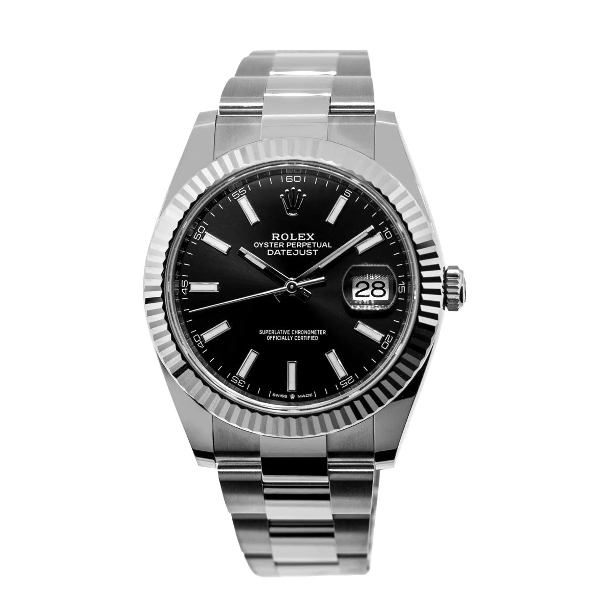 Rolex Datejust II 41mm Stainless Steel Black Index Dial 18K White Gold Fluted Bezel 126334