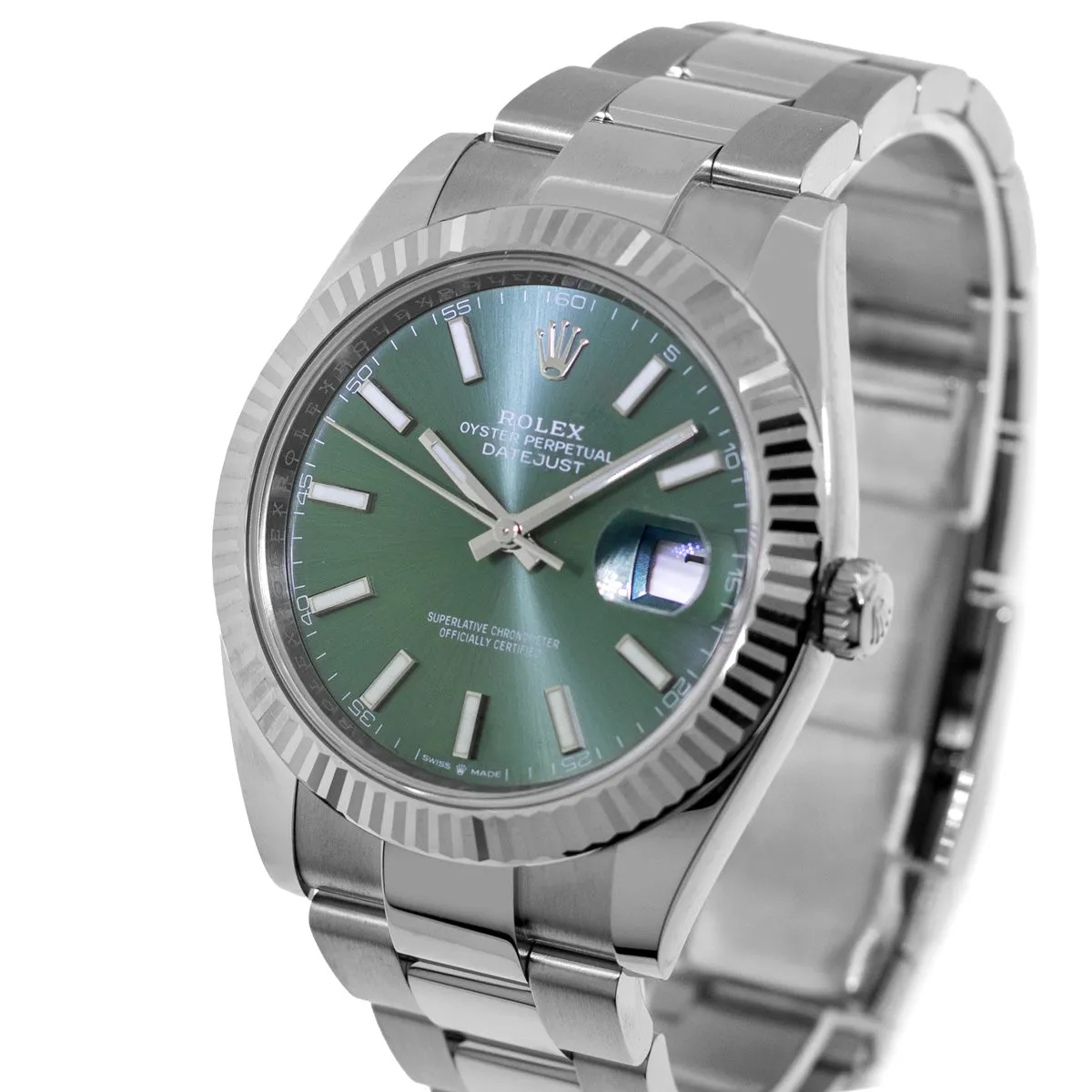 Rolex Datejust II 41mm Stainless Steel Green Index Dial 18K White Gold Fluted Bezel 126334