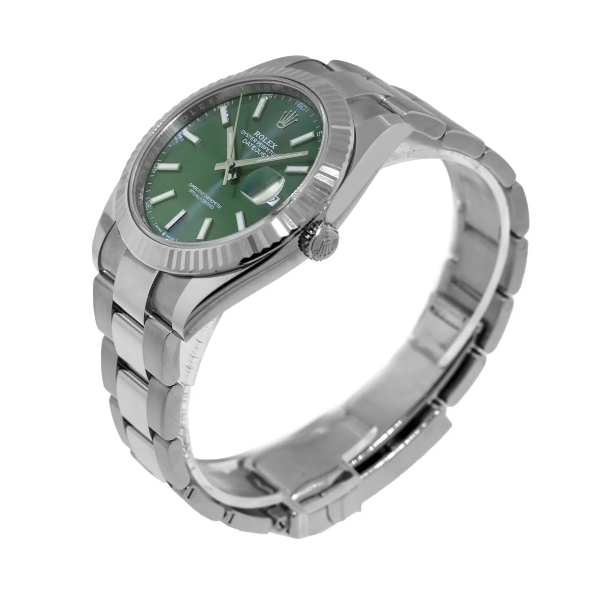 Rolex Datejust II 41mm Stainless Steel Green Index Dial 18K White Gold Fluted Bezel 126334