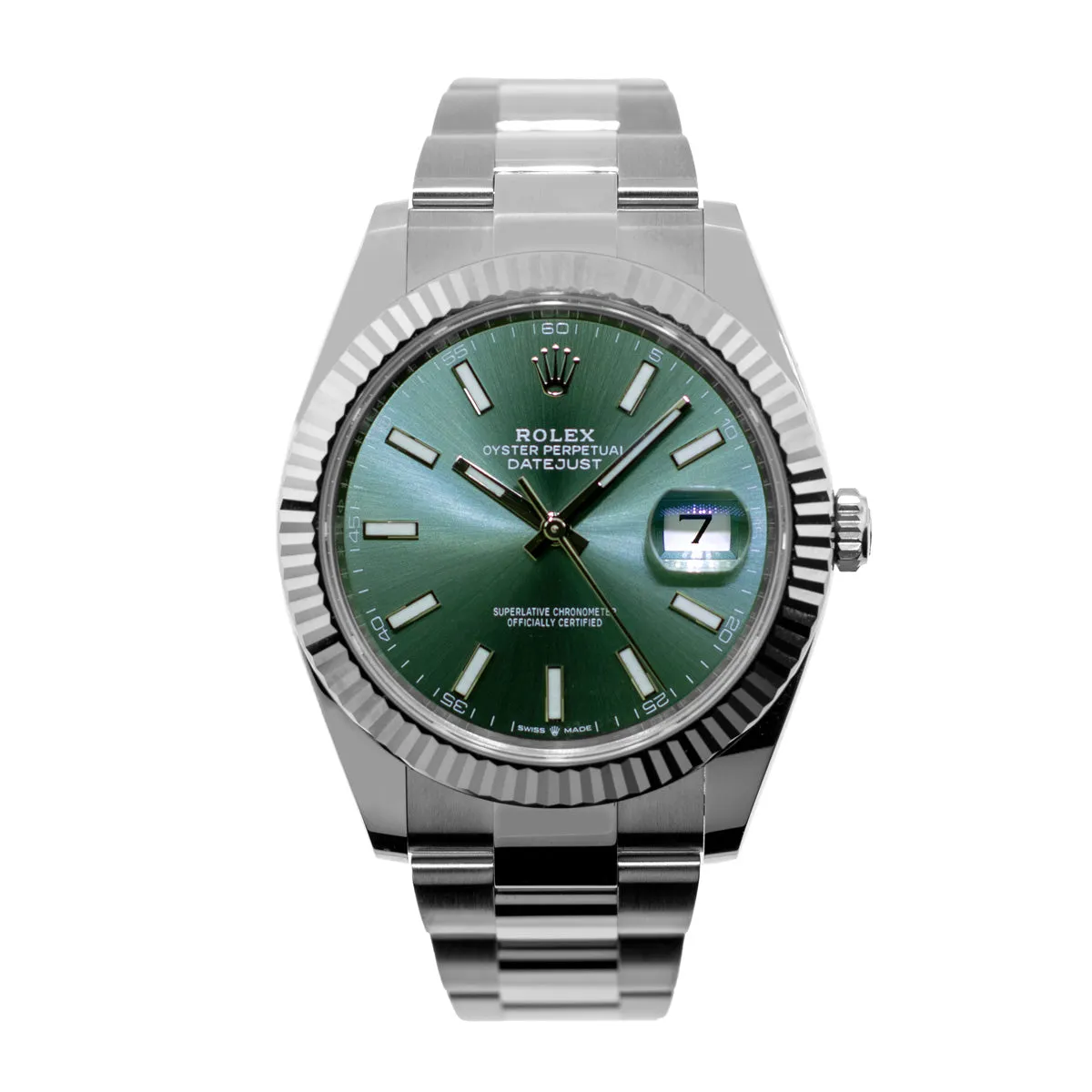 Rolex Datejust II 41mm Stainless Steel Green Index Dial 18K White Gold Fluted Bezel 126334