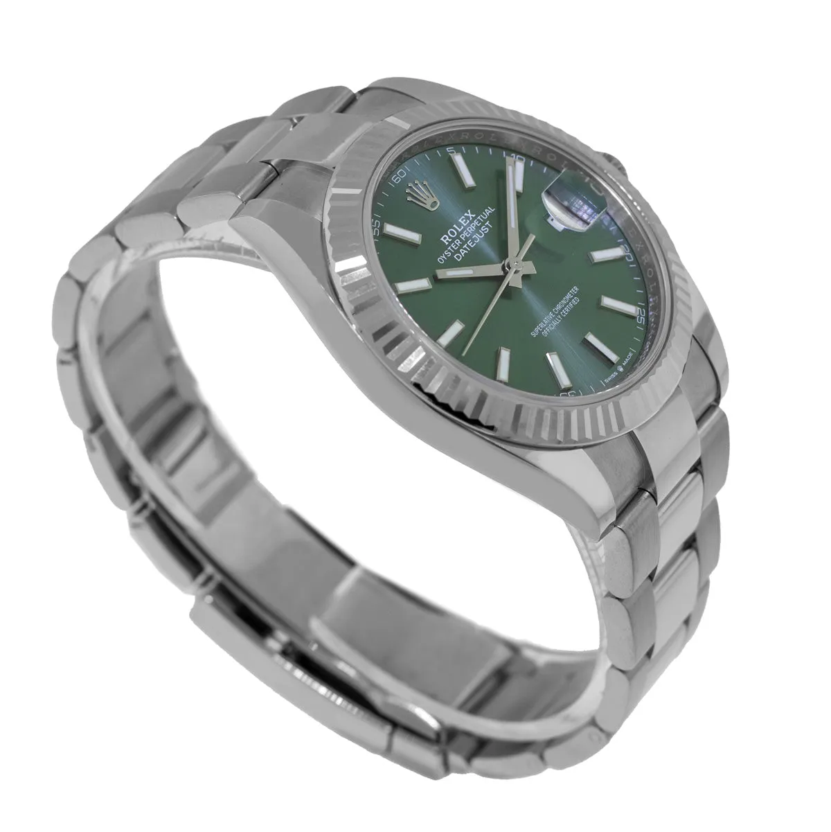 Rolex Datejust II 41mm Stainless Steel Green Index Dial 18K White Gold Fluted Bezel 126334