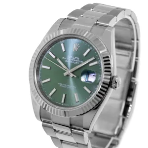 Rolex Datejust II 41mm Stainless Steel Green Index Dial 18K White Gold Fluted Bezel 126334