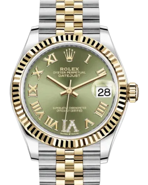 Rolex Lady-Datejust 31 Yellow Gold/Steel Olive Green Roman Diamond VI Dial & Fluted Bezel Jubilee Bracelet 278273