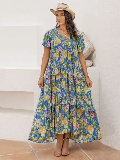 Romance and Flowers Floral Printed Maxi Dress in Sky Blue - Curvy