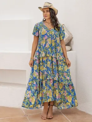 Romance and Flowers Floral Printed Maxi Dress in Sky Blue - Curvy