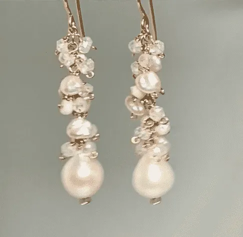 Rose Gold Long Dangle Earrings Keishi Pearl Mystic Quartz