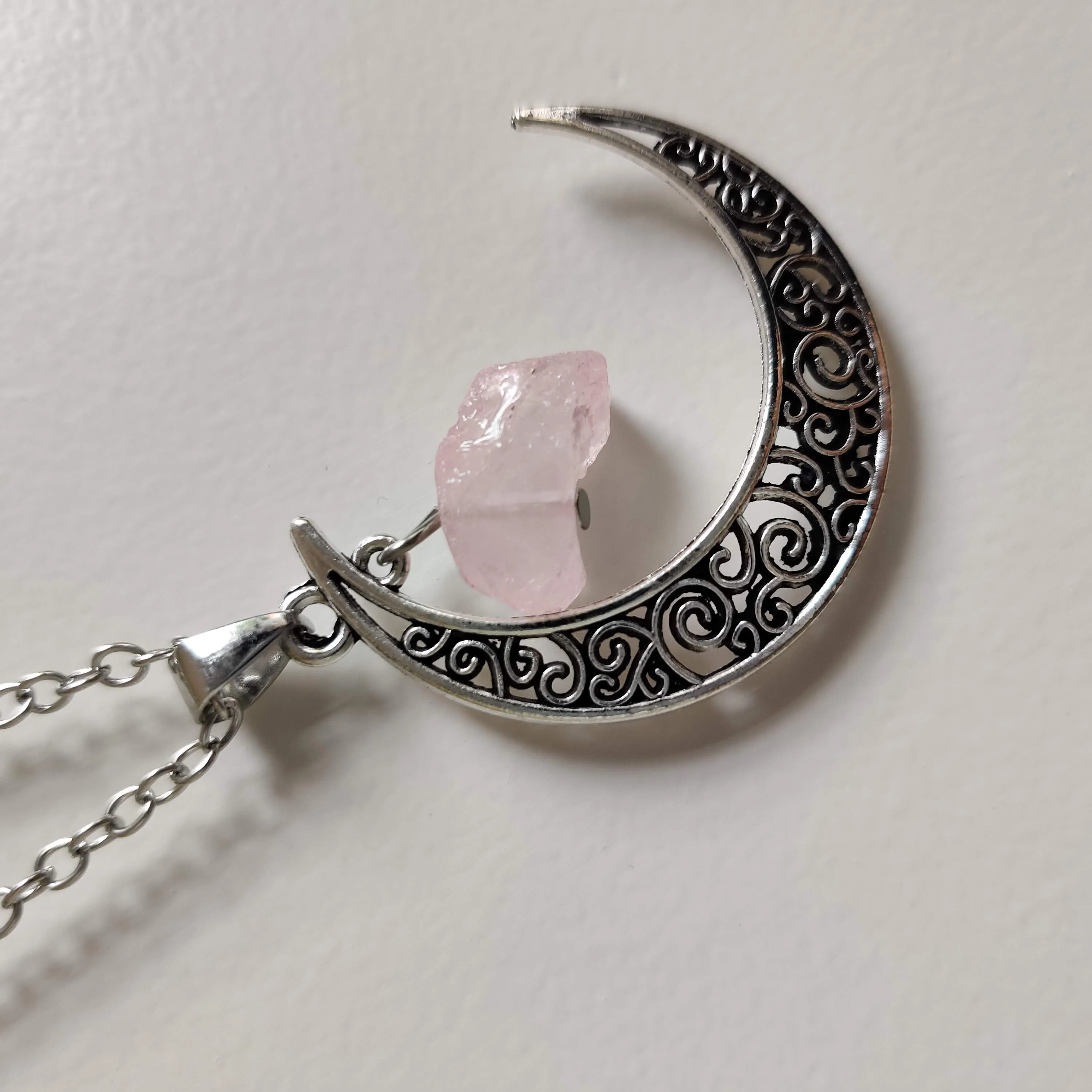 Rose Quartz Moon Pendant with Silver Chain