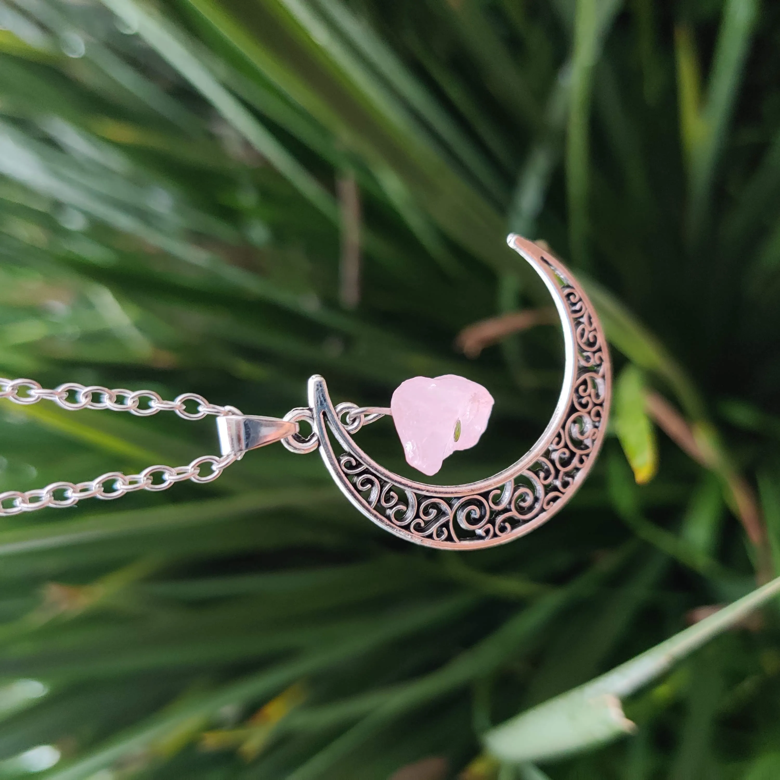 Rose Quartz Moon Pendant with Silver Chain