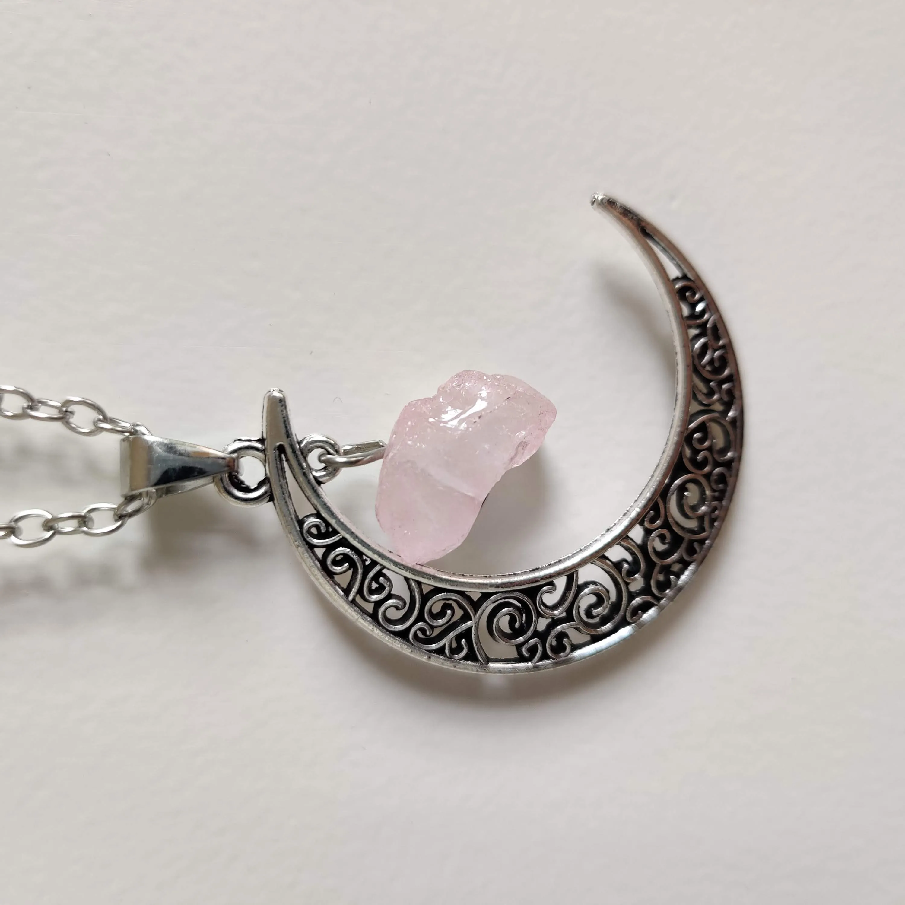 Rose Quartz Moon Pendant with Silver Chain