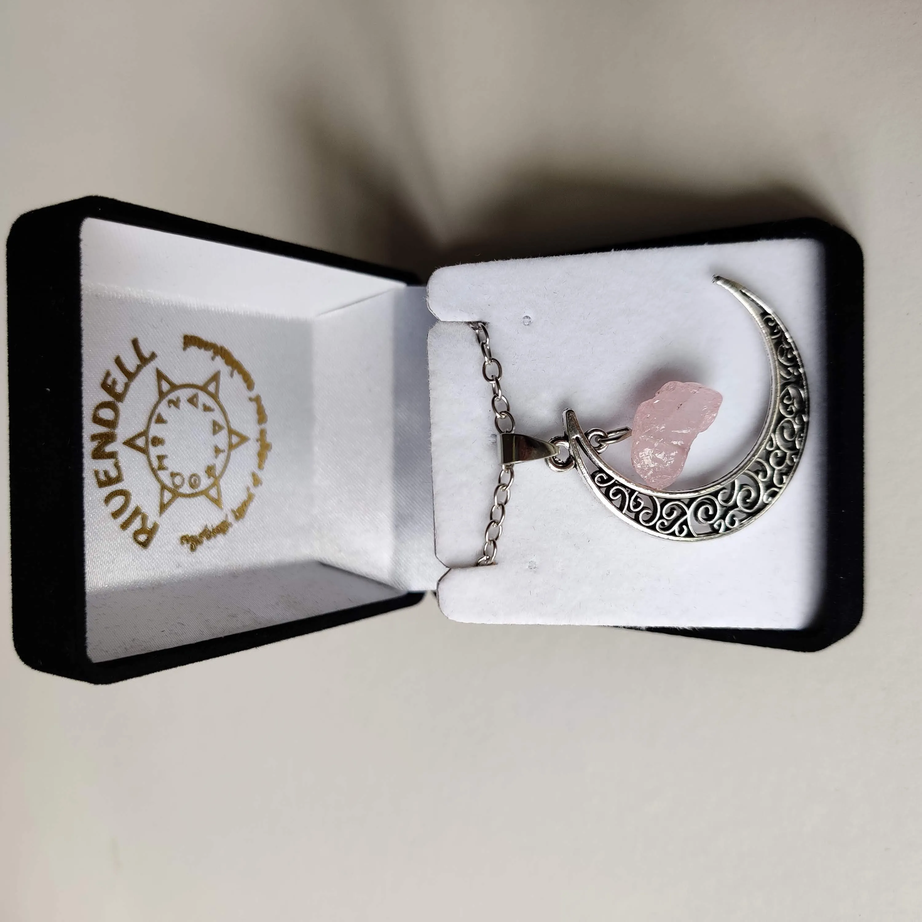 Rose Quartz Moon Pendant with Silver Chain