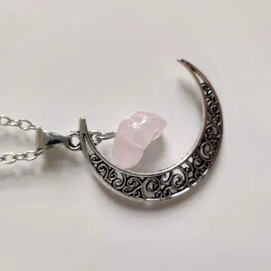 Rose Quartz Moon Pendant with Silver Chain