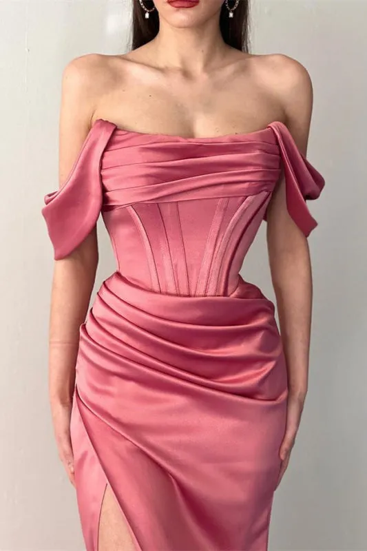 Rose Quartz Off-Shoulder Mermaid Prom Gown with Elegant Pleats and Daring Split
