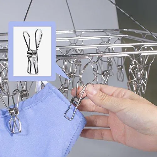Rosefray 30 Clips Metal Clothespins, Stainless Steel Clothes Drying Rack, Hats Rack, Portable Metal Hanger, Great for Quick Hand Wash of Delicates