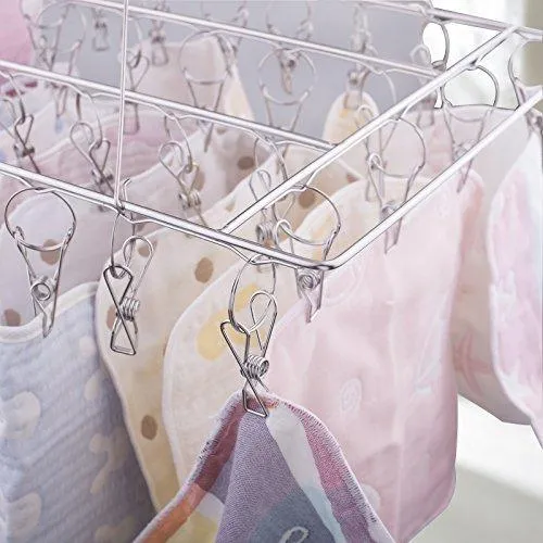 Rosefray 30 Clips Metal Clothespins, Stainless Steel Clothes Drying Rack, Hats Rack, Portable Metal Hanger, Great for Quick Hand Wash of Delicates