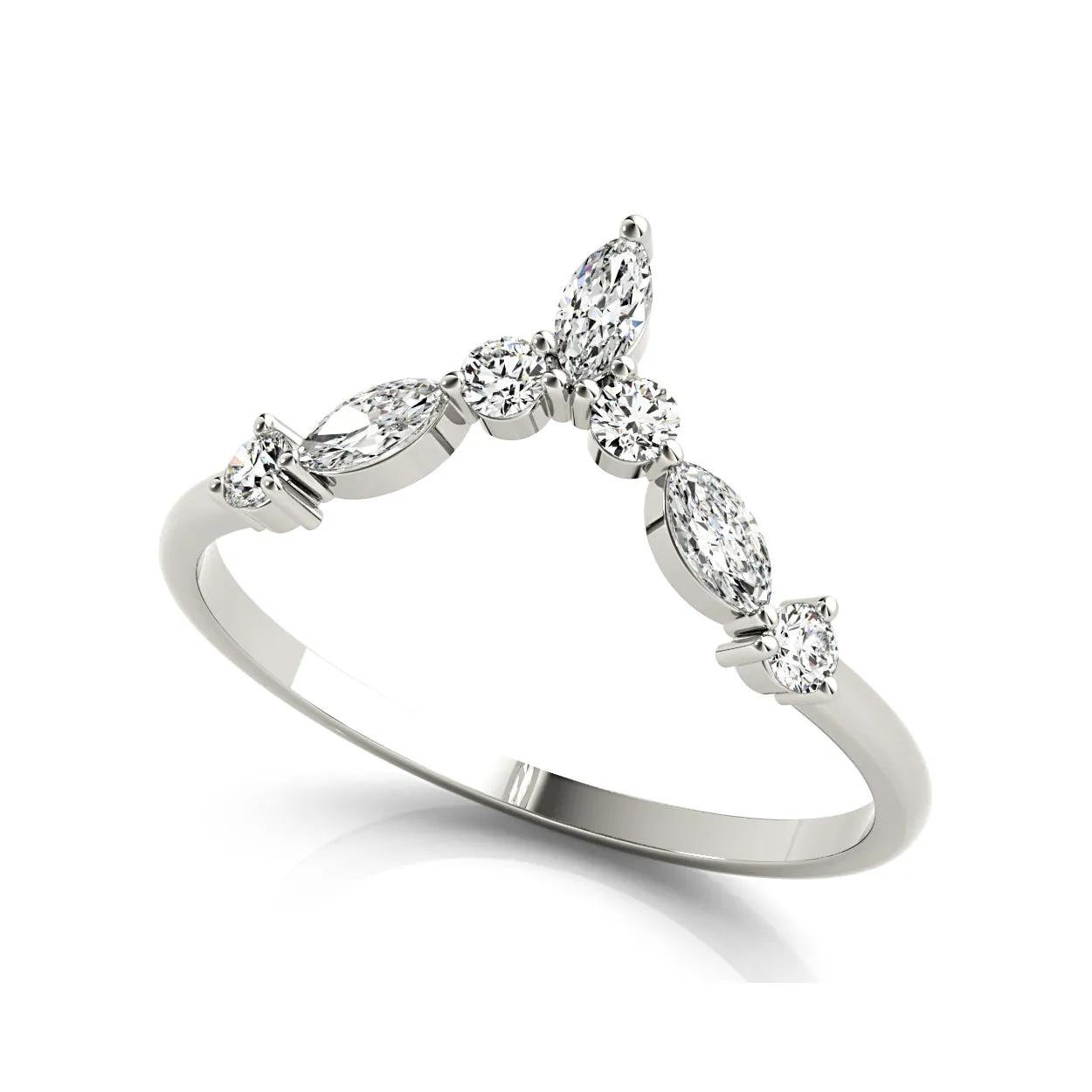 Round And Marquise Diamond V Shaped Band