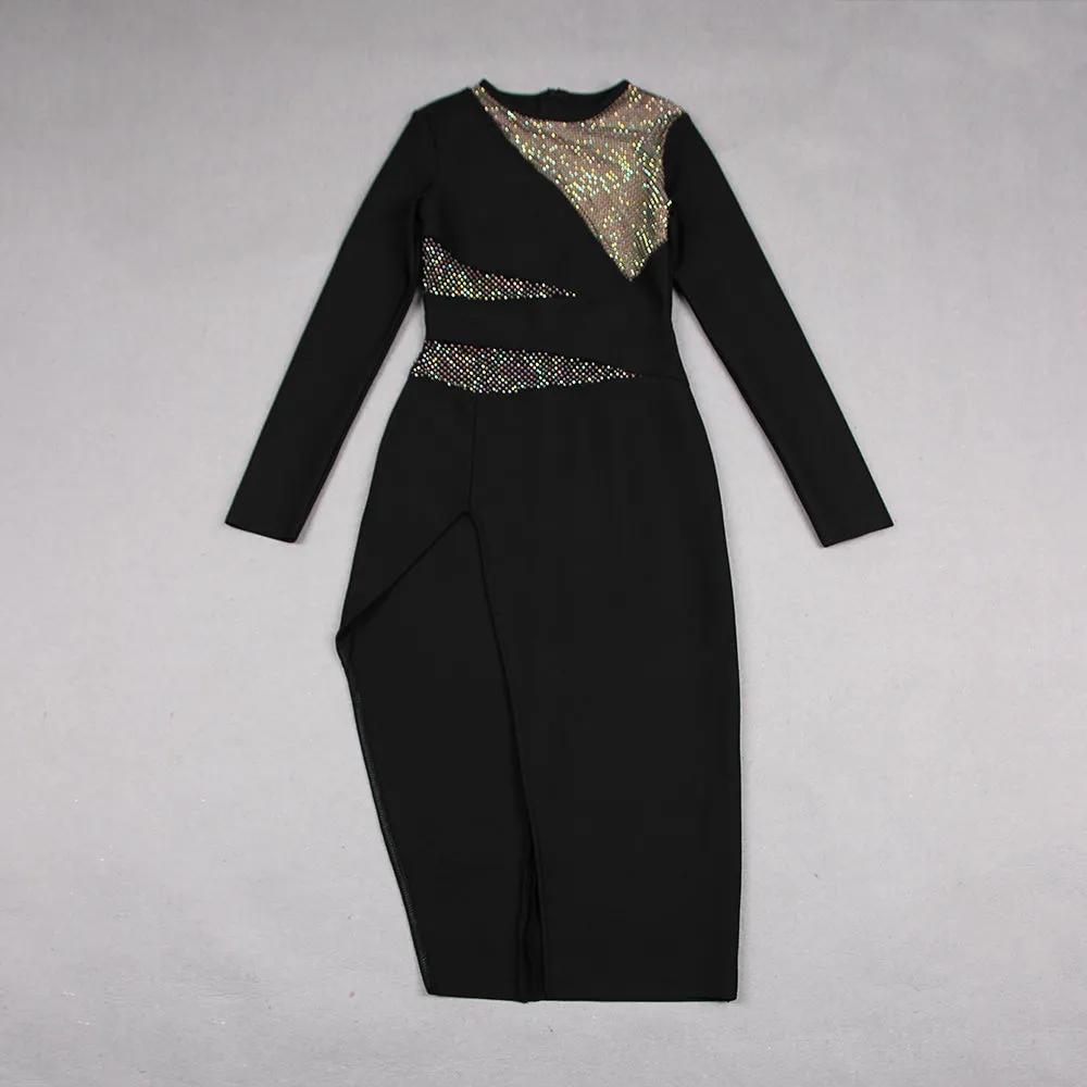Round Neck Long Sleeve Splicing Bandage Dress HL9294