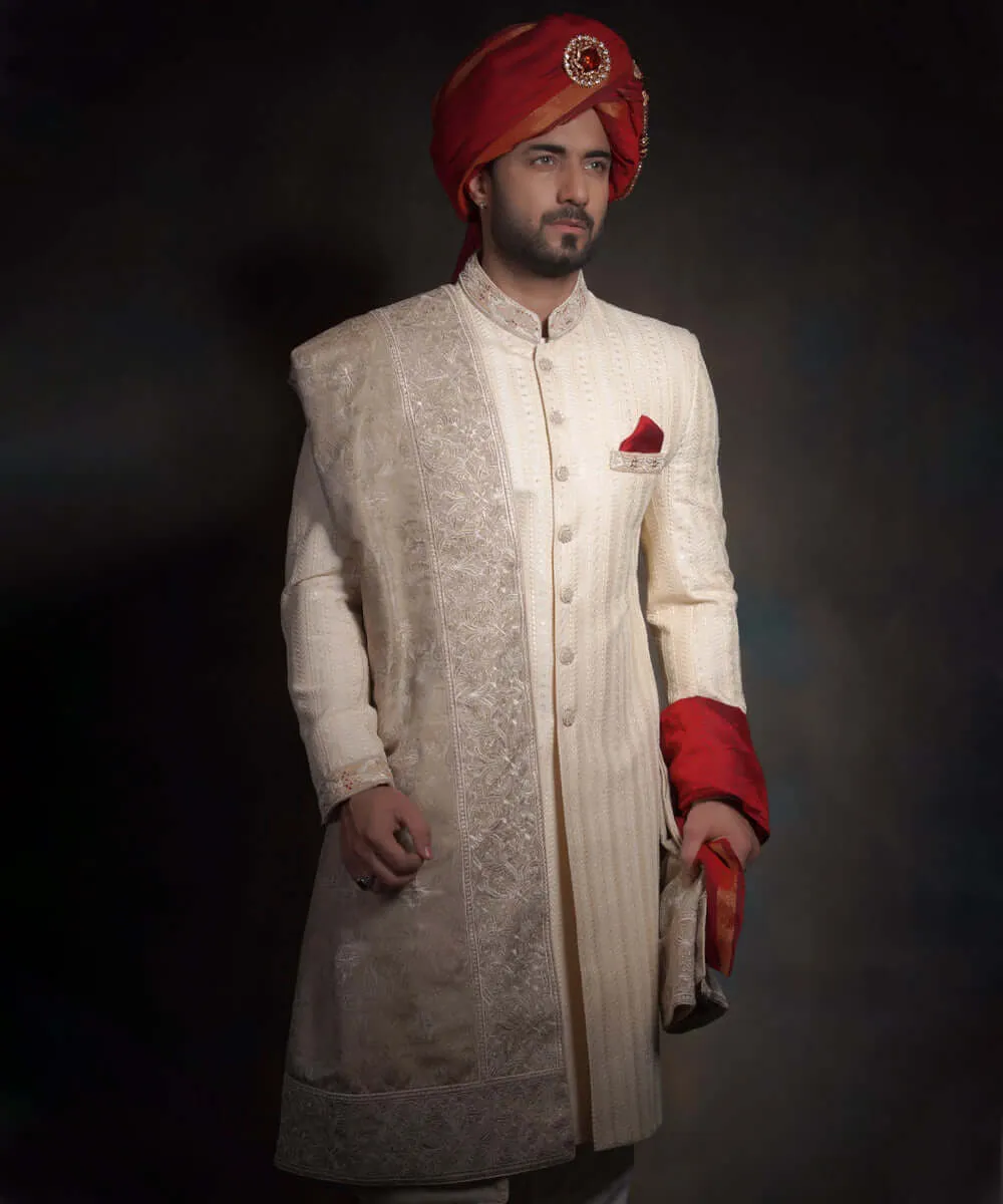 Royal Ivory Gold Form Fitted Raw Silk Pakistani Groom Sherwani